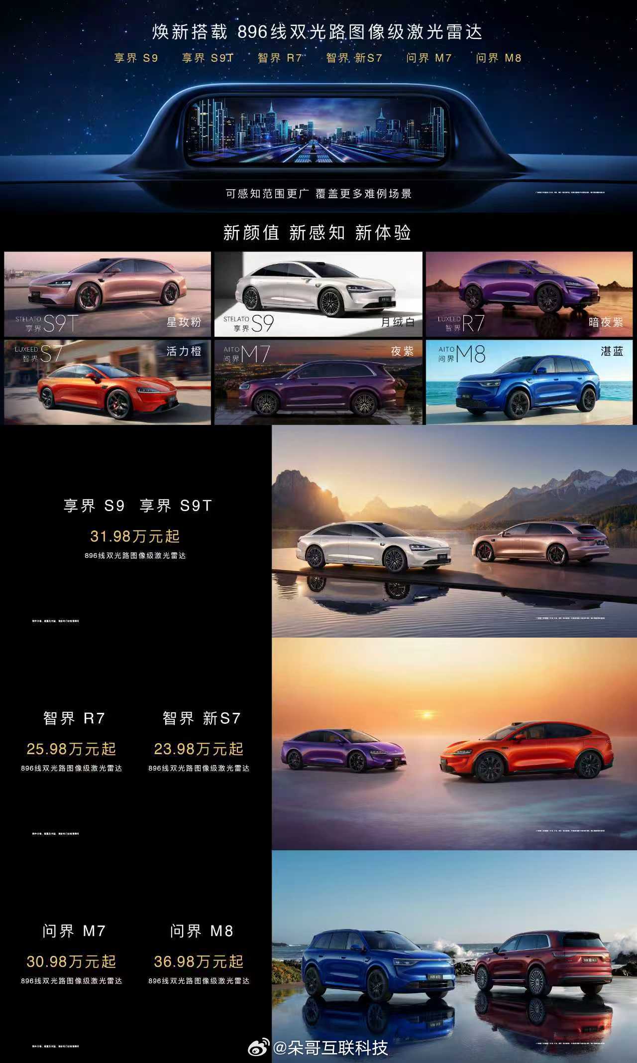 一图汇总华为系多款车型焕新价格：✅享界S9/S9T：31.98万元起✅智界R7：