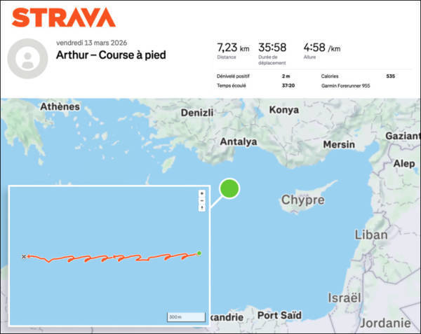 法国海军士兵在戴高乐号航母甲板跑步时通过Strava应用公开记录健身数据，暴露了