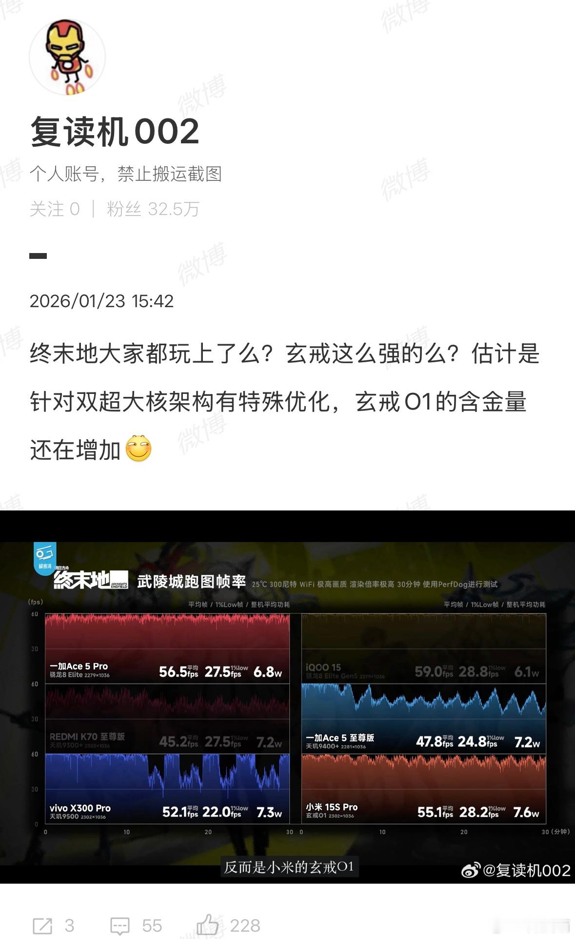 极客湾测试了几款手机，在终末地武陵城跑图帧率，用玄戒O1处理器的小米15S Pr