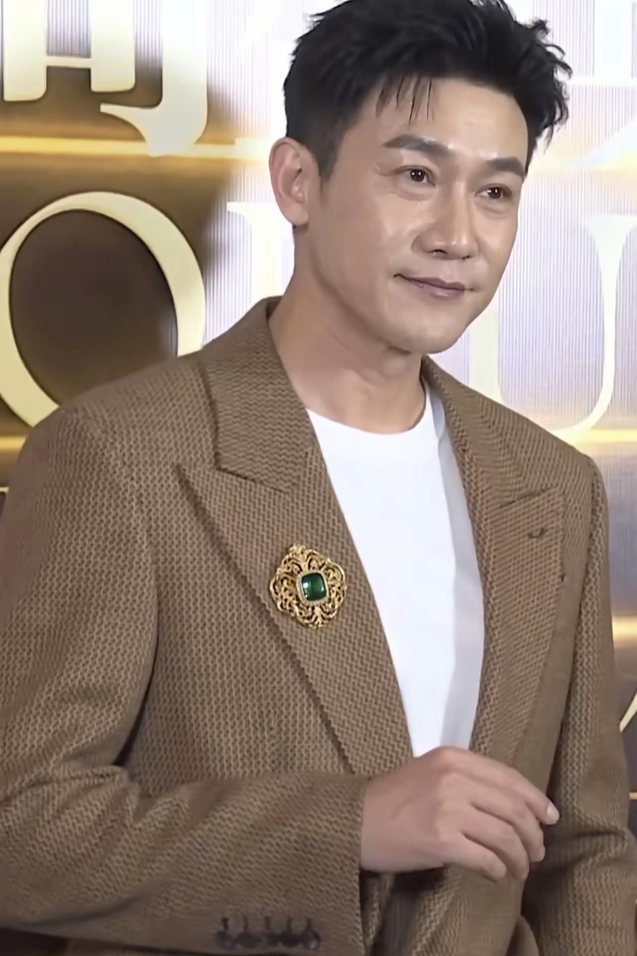 这位帅哥穿着棕色西装，搭配白色T恤，胸口别着一枚漂亮的胸针。多年没见了，保养的真