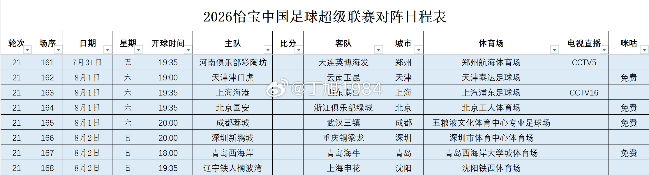 2026怡宝中国足球超级联赛第21轮转播计划表中超联赛中超大连英博中超联赛
