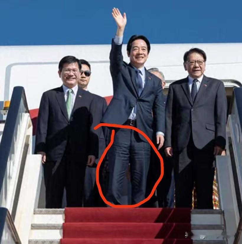 赖清德窜访时的狼狈，和这张图的荒诞感如出一辙：行程仓促，西装皱成一团，既撑不起所