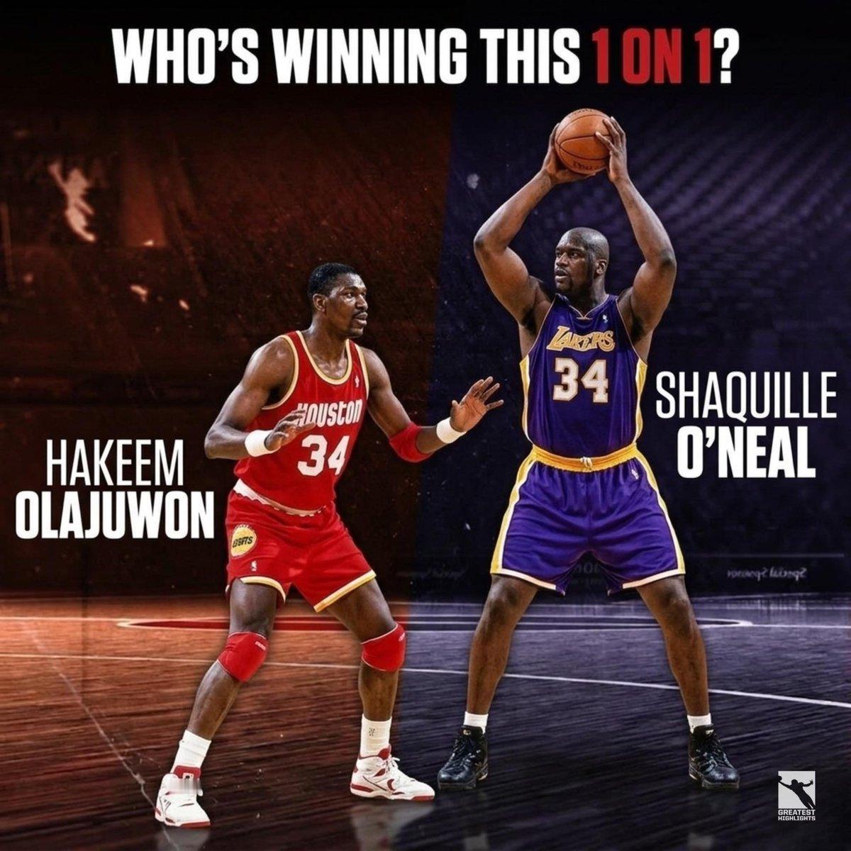 1v1，谁会赢得这场单挑？
哈基姆·奥拉朱旺
沙奎尔·奥尼尔
