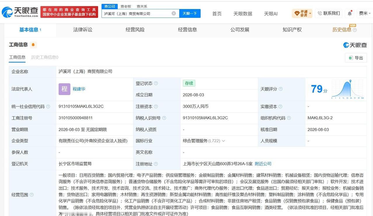 泸溪河食品在上海成立新商贸公司 注册资本3000万
天眼查App显示，近日，泸溪