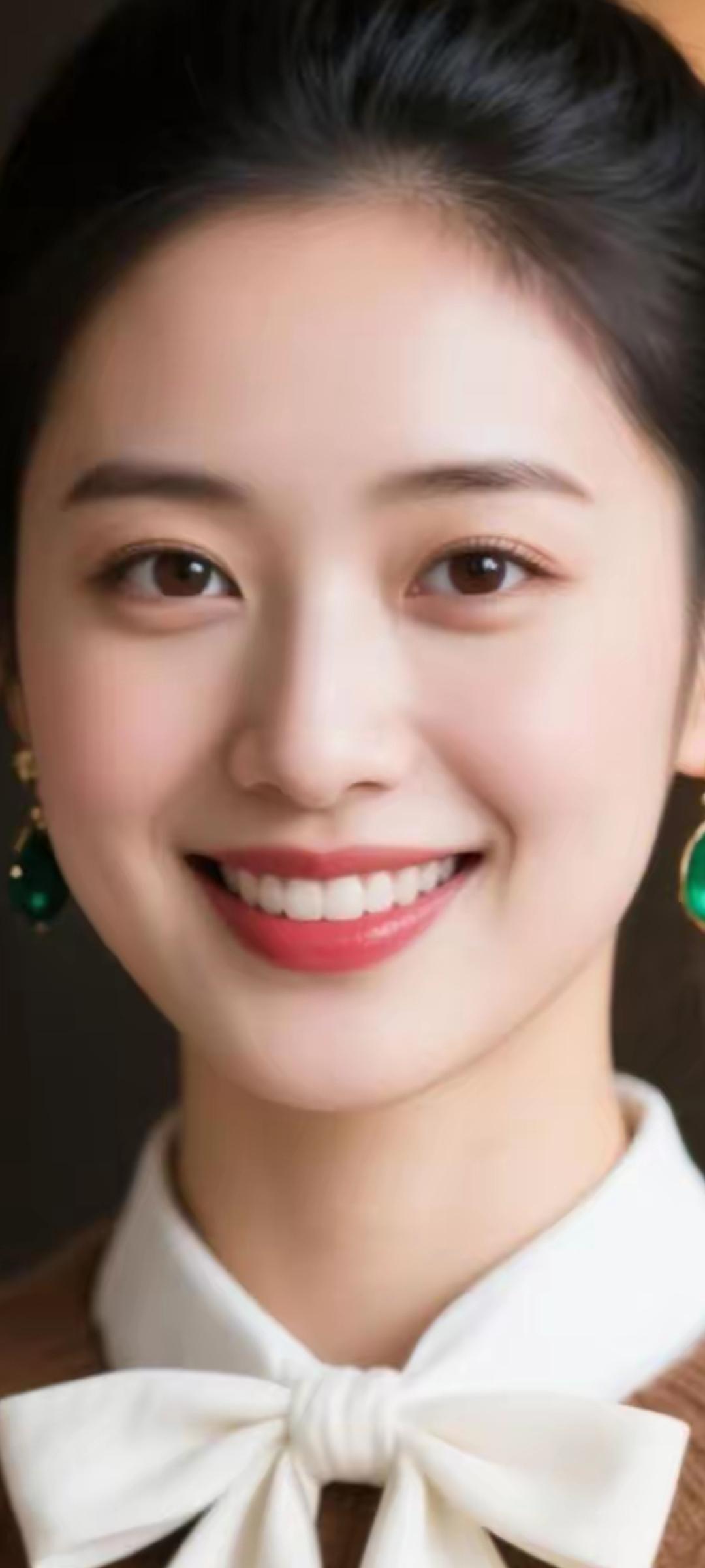 甜美笑容，优雅白衬衫，绿宝石耳环，气质满分！😊✨