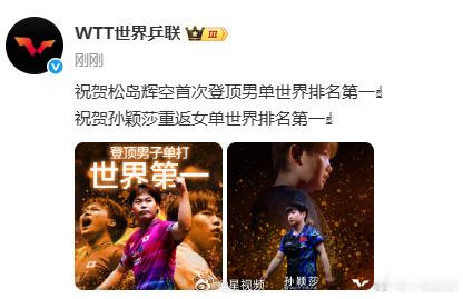 WTT祝贺孙颖莎重返世排第一WTT官方祝贺！孙颖莎7575分重返女单世界第一！北
