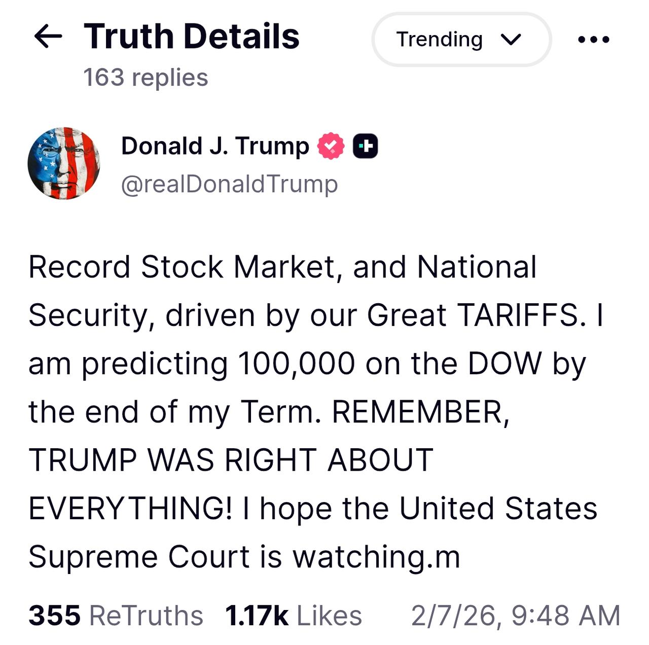 特朗普：预计到我本届任期结束时，道指将站上 10 万点。