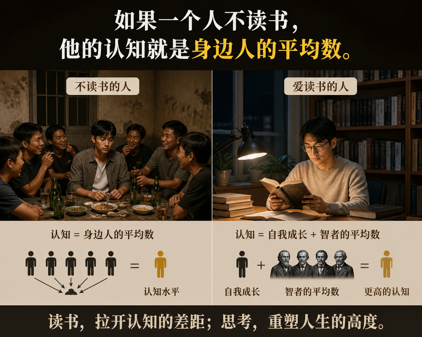 如果一个人不读书，他的认知就是身边人的平均数。留意一下你周围的人，谈起任何话题，