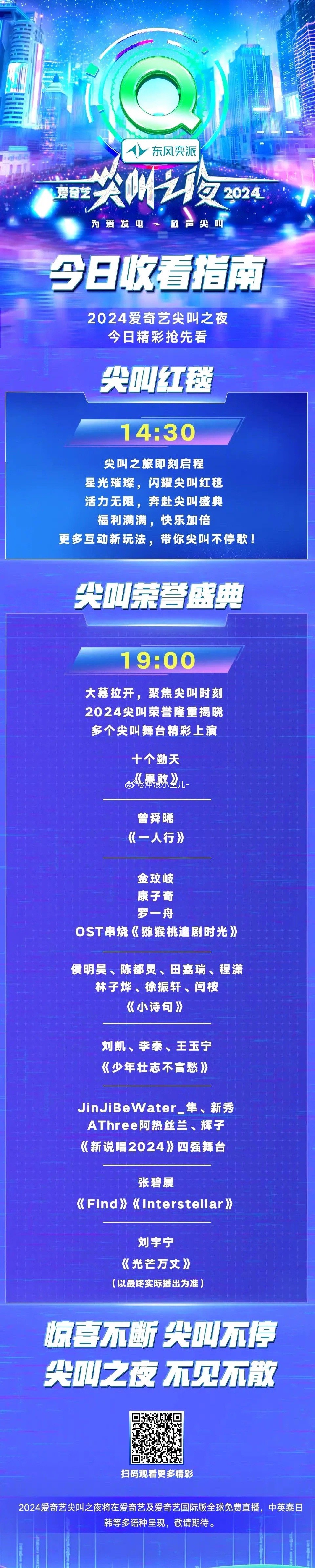 今晚节目单已出，下午2点半红毯，晚上7点开始，节目不多，主要是颁奖吧？在一年都很