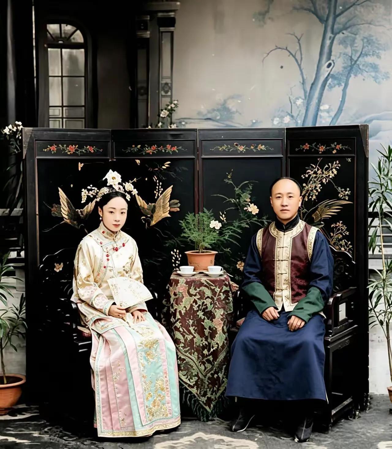 这是醇亲王载沣与福晋幼兰，夫妻俩一辈子衣食无忧，过得却并不幸福，幼兰脾气刚烈火爆