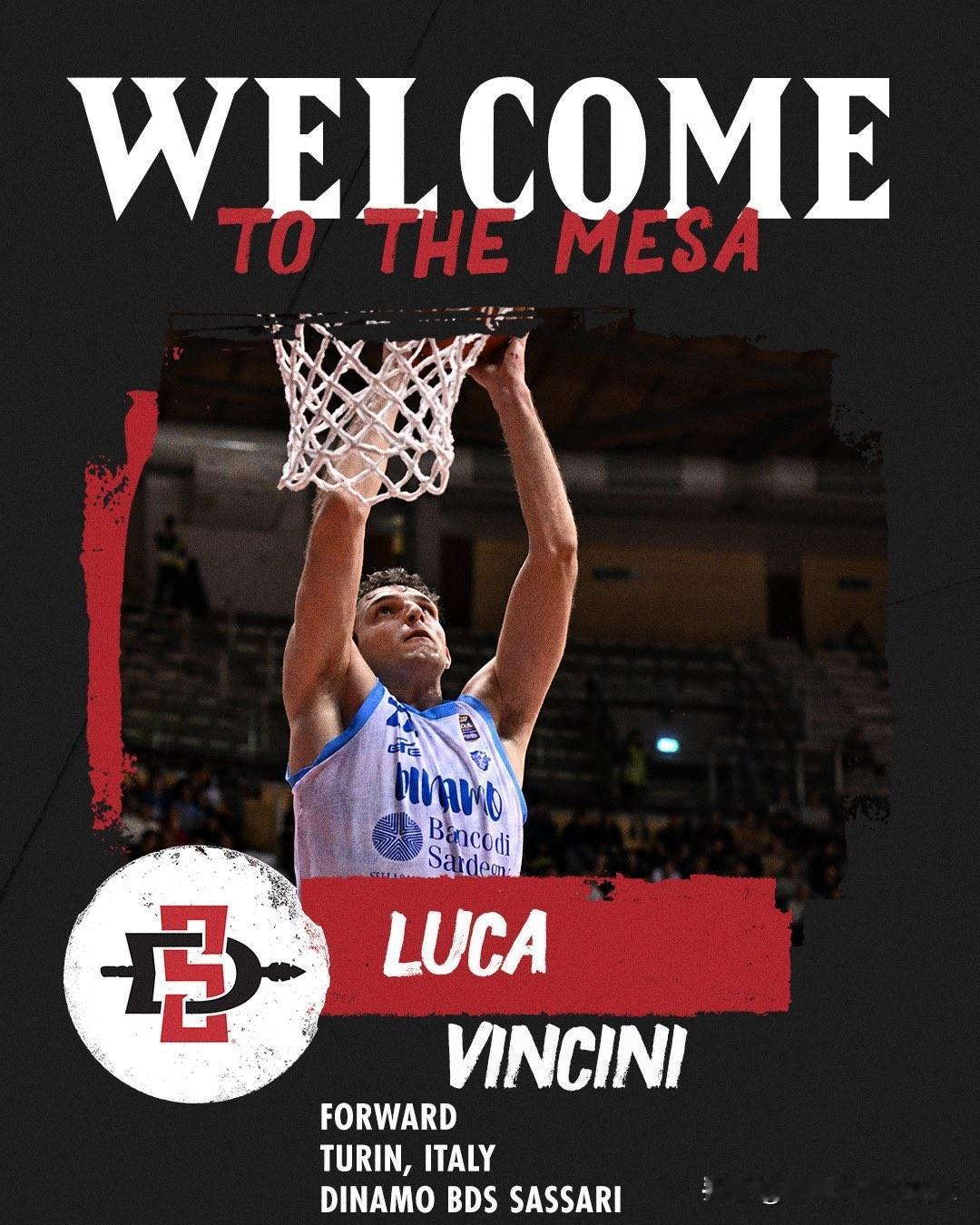 意大利22岁前锋Luca Vincini宣布承诺NCAA男篮 圣迭戈州立，效力于
