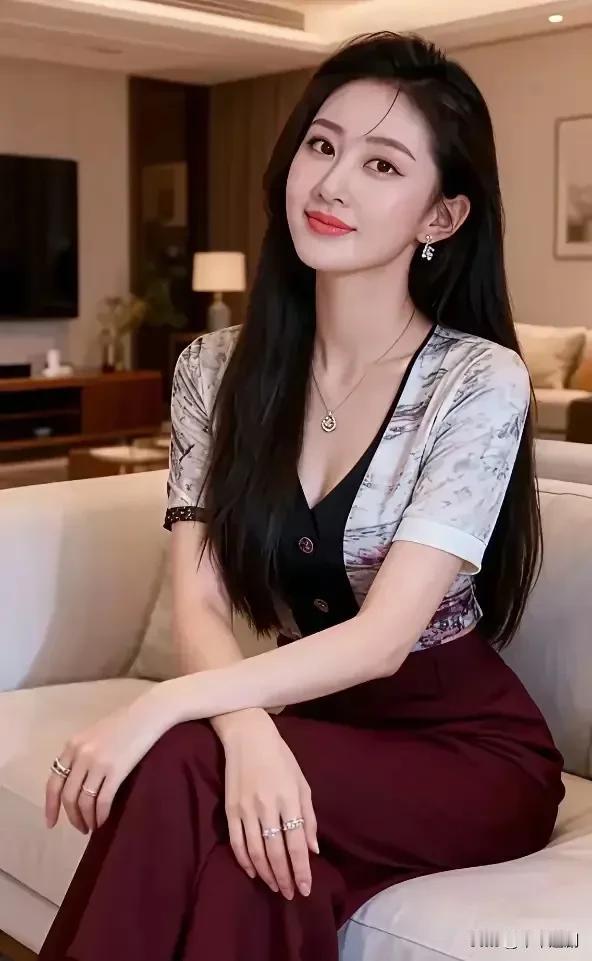 分享你见闻过的绝色美人！ 水墨纹上衣撞色酒红阔腿裙，黑长直秀发垂落肩头，钻饰点缀