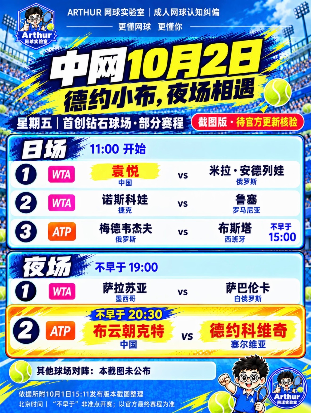 2号的赛程出来了，夜场蹲到德约了！还有萨巴！搓搓手了！ ​​​