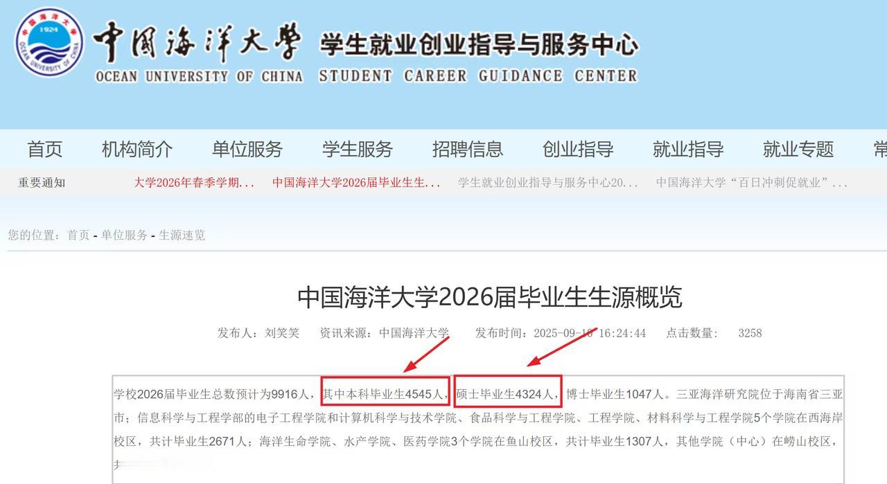 [碰拳]中国海洋大学 2026 届本科 4545 人、硕士 4324 人，本硕毕