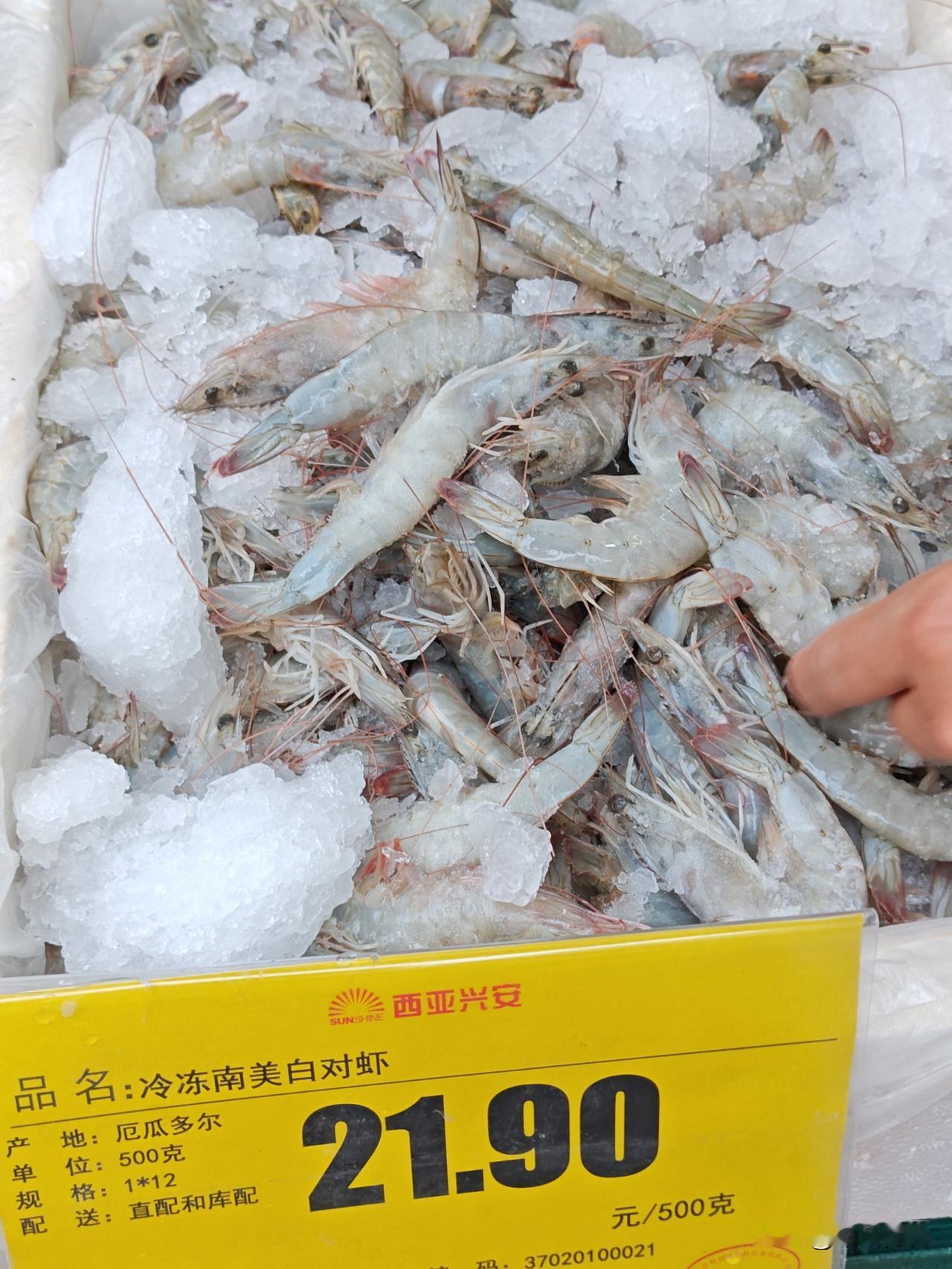 进口厄瓜多尔白虾（冷冻养殖南美白对虾），21.9/斤。对口味不太讲究的人，冻品有