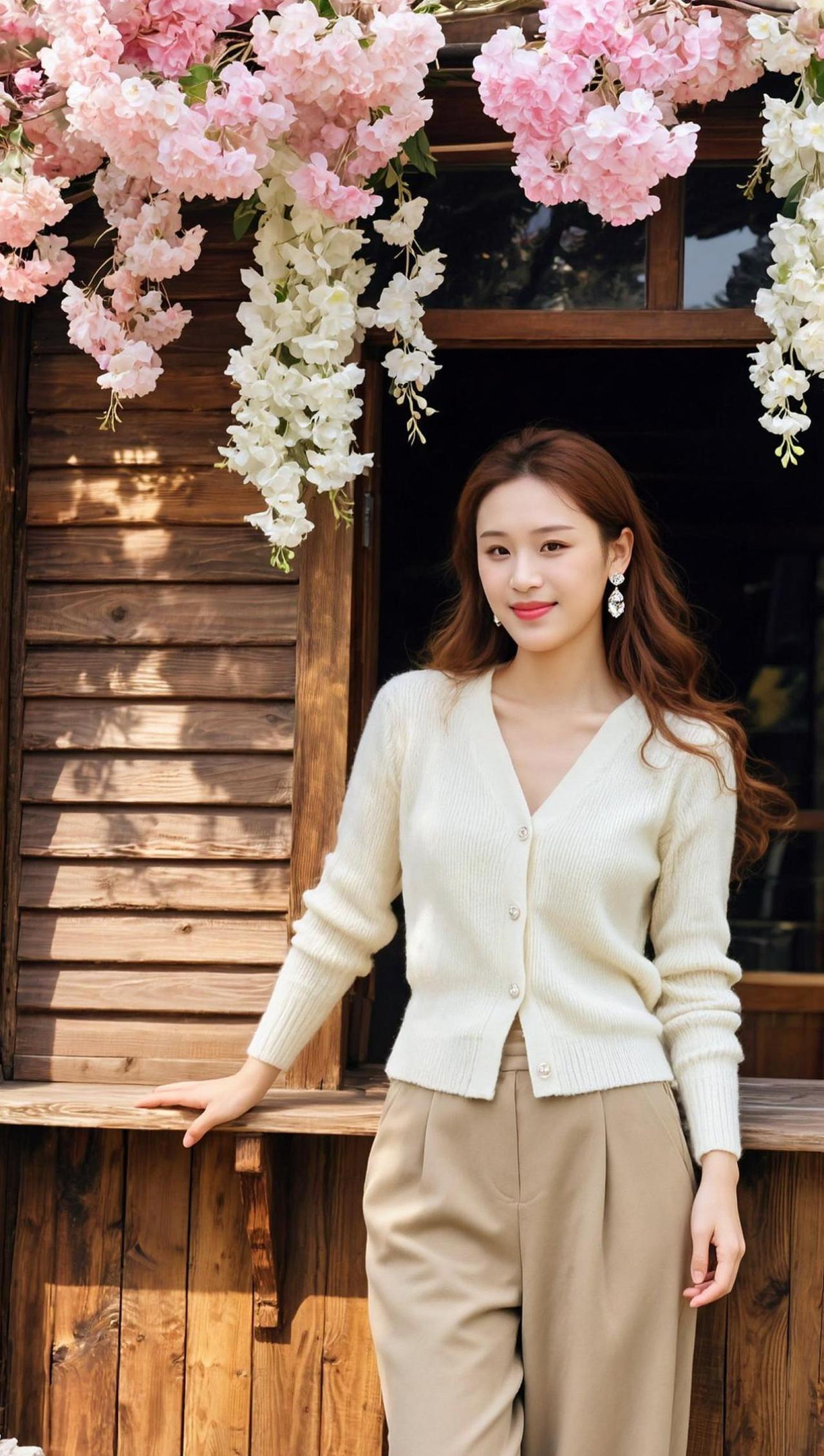 樱花纷飞的季节，她站在木屋前，像一幅被时光轻轻吻过的画。米白针织开衫温柔地包裹着
