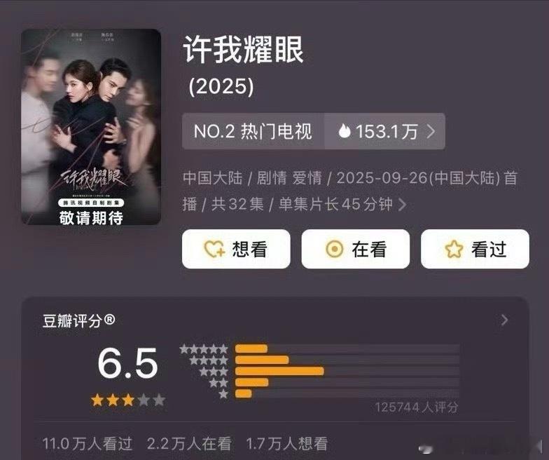 赵露思陈伟霆的《许我耀眼》豆瓣开分6.5分 ​​​