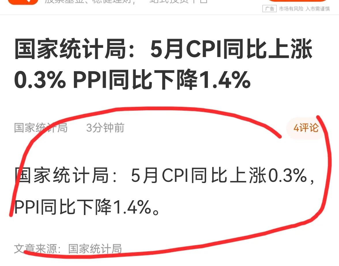 老手说股（1）
国家刚公布了5月份的CPI数据，同比上涨0.3%，增速和4月份持