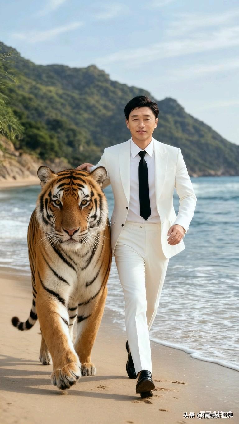 “白西装与老虎的野性之美”🐯👨‍🦰男老虎 雪地西装风