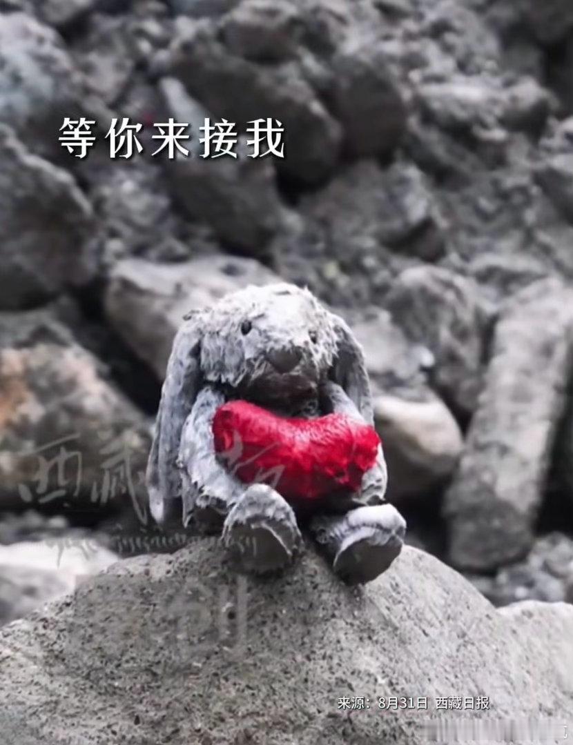 救援队把泥泞小兔子洗干净摆好泥石席卷过后，废墟之中，一只沾满泥浆的兔子玩偶被救援