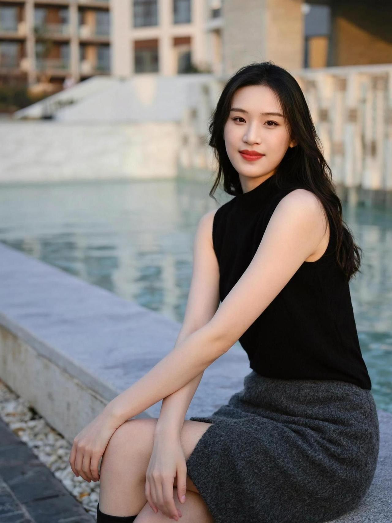 阳光洒在水池边，黑裙与波光交织出一幅静谧的画面。看似悠闲的午后，实则内心在呐喊：