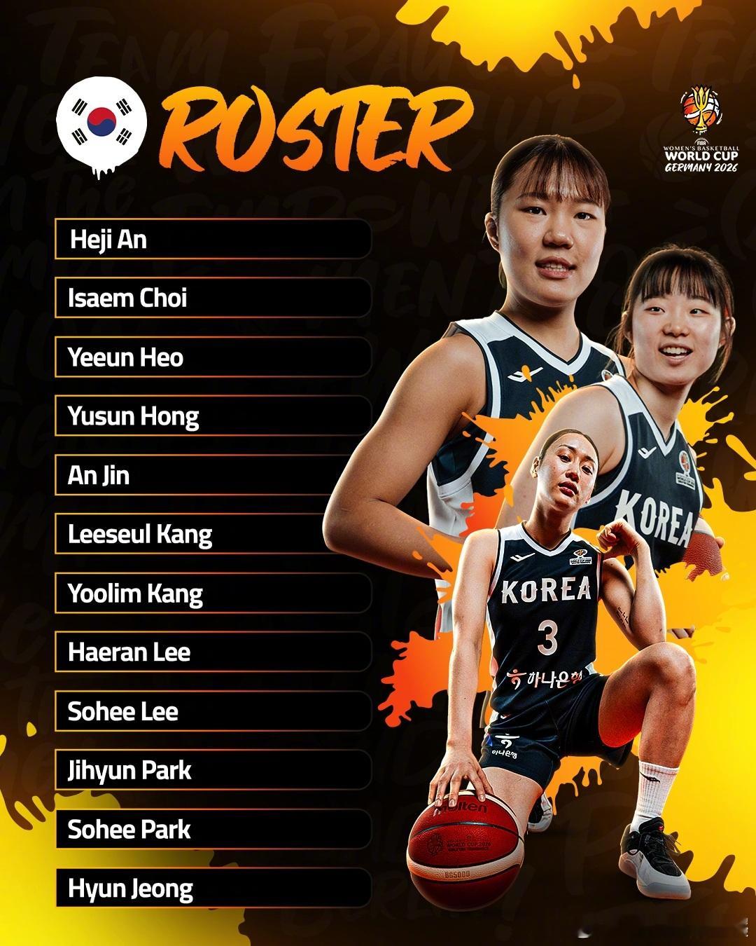 🇰🇷韩国女篮公布出战2026 女篮世界杯  12人名单✨ 姜怡瑟、朴智炫领衔