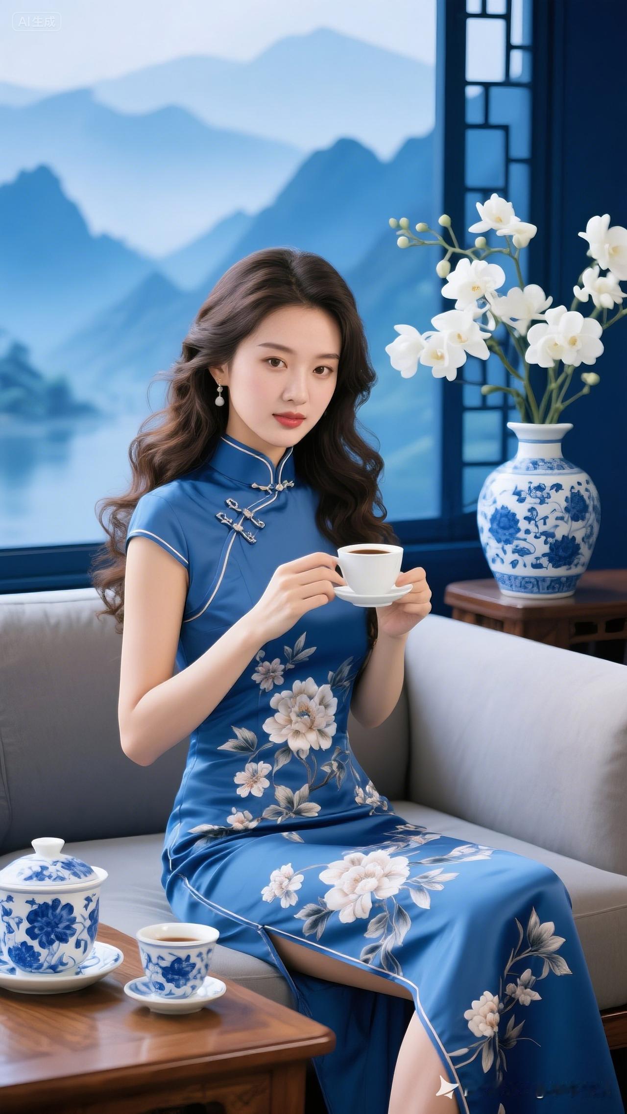 蓝调旗袍，茶香悠然，静享时光。