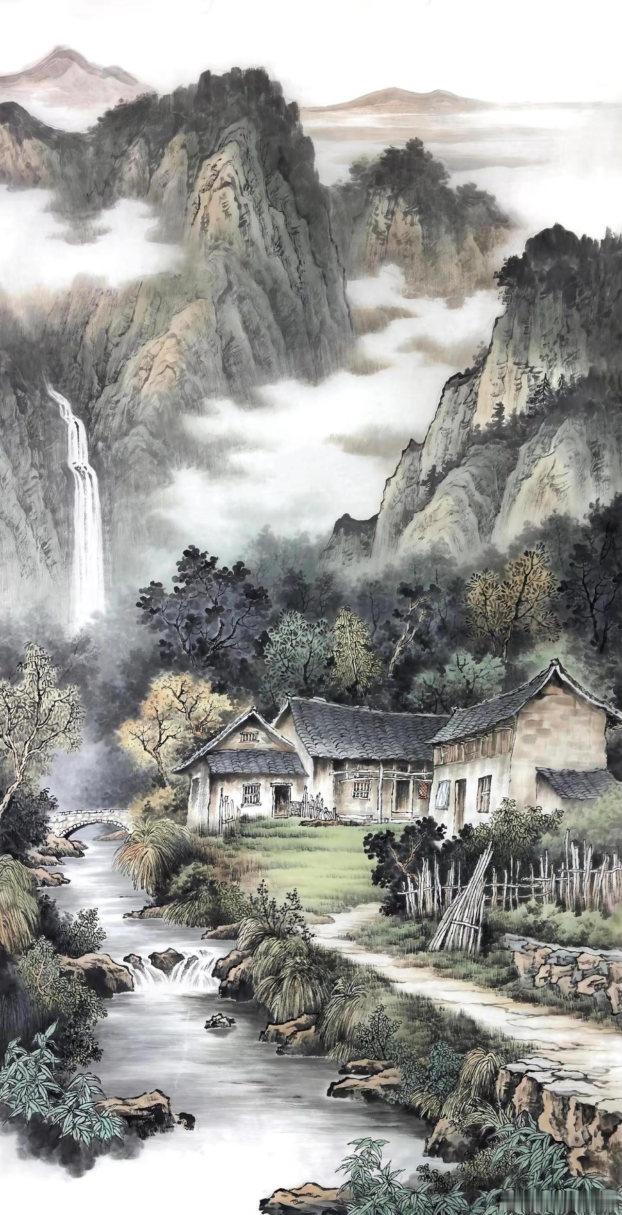【溪畔人家】完工。写意山水青山藏画意 传统国画山水 山乡水墨画 山水画境
