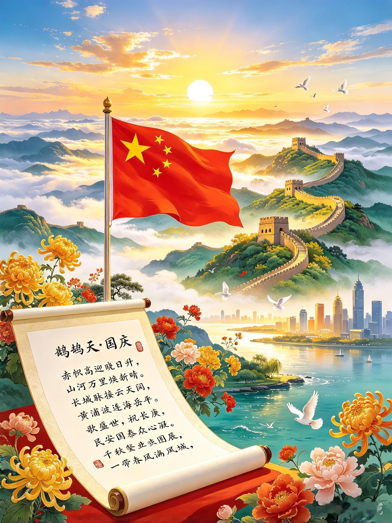 鹧鸪天・国庆
  赤帜高迎晓日升，山河万里焕新晴。
 长城脉接云天阔，黄浦波连海
