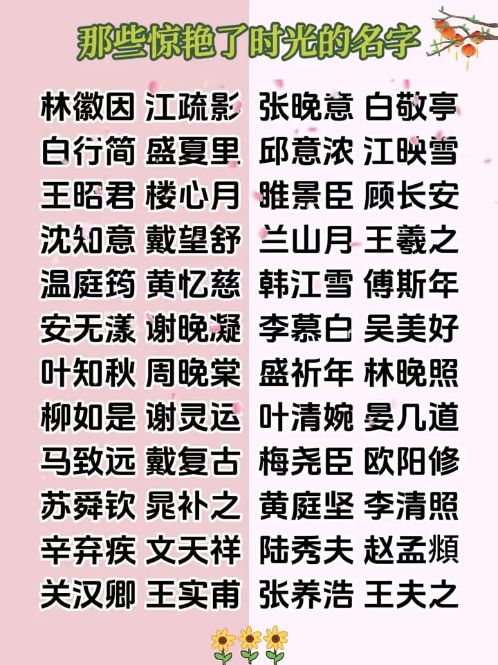 那些惊艳了时光的名字。
林徽因、江疏影、张晚意、白敬亭、白行简、盛夏里、邱意浓、