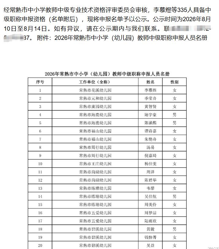 2026年常熟市中小学（幼儿园）中级资格评审评前公示！共通过335人具备中级职称