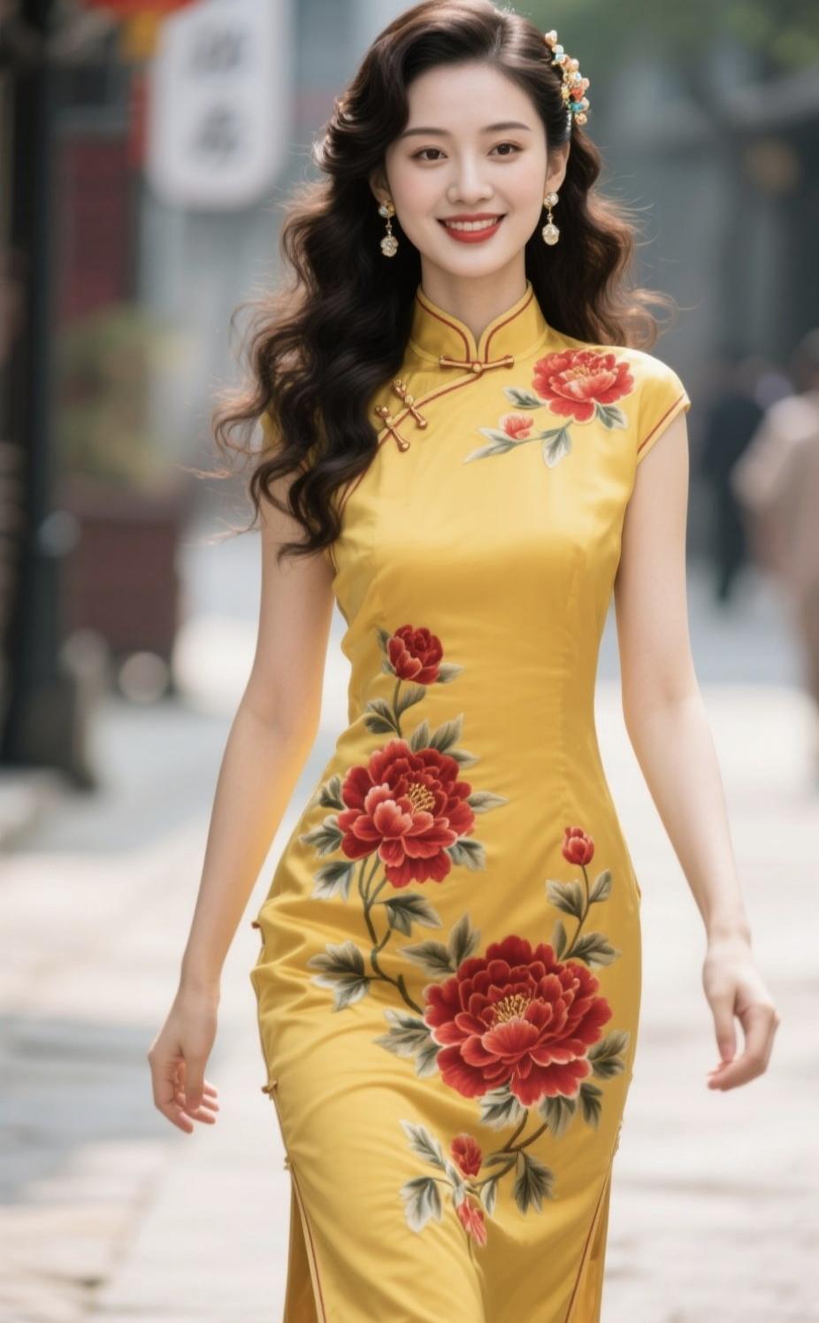 《旗袍藏古韵，婉约入诗行》
 
绫罗裁就旧时妆，一绾青丝韵味长。
盘扣轻凝风月静