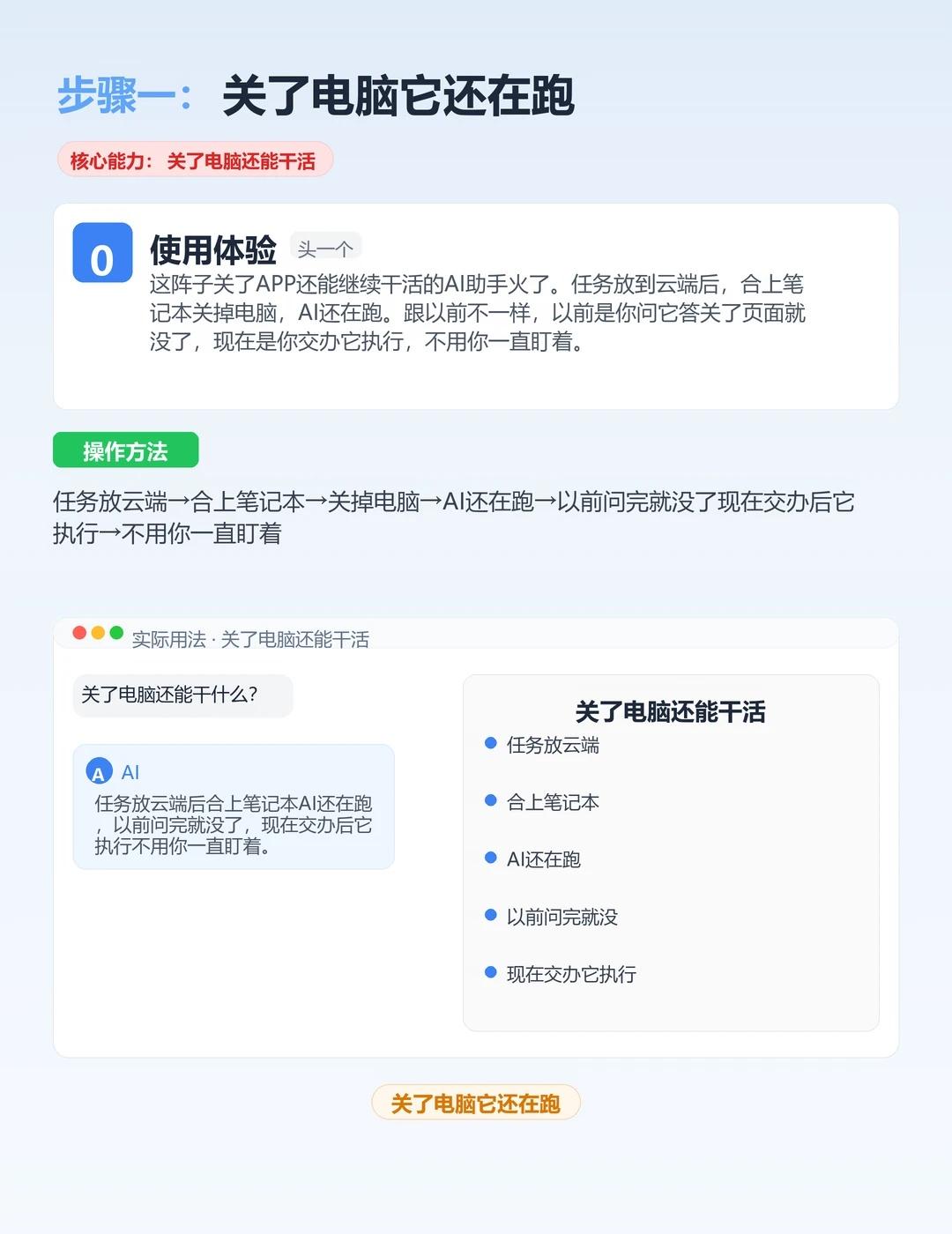 关了电脑AI还在跑？
重复性的活交出去自己看重要判断。
	
先挑一两个试试用着行