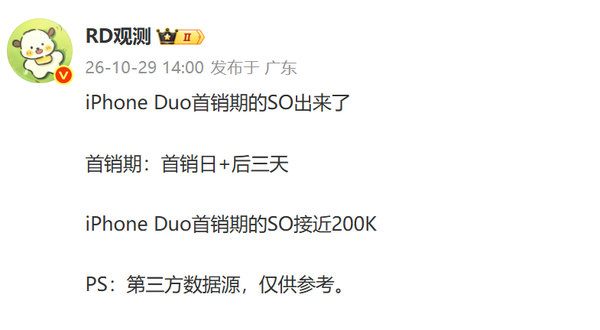 【iPhoneDuo首销四天近20万台 产量目标上调至1400万】曝iPhone