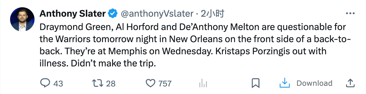 德雷蒙德·格林、阿尔·霍福德和德安东尼·梅尔顿在明天晚上勇士客场对阵新奥尔良的比