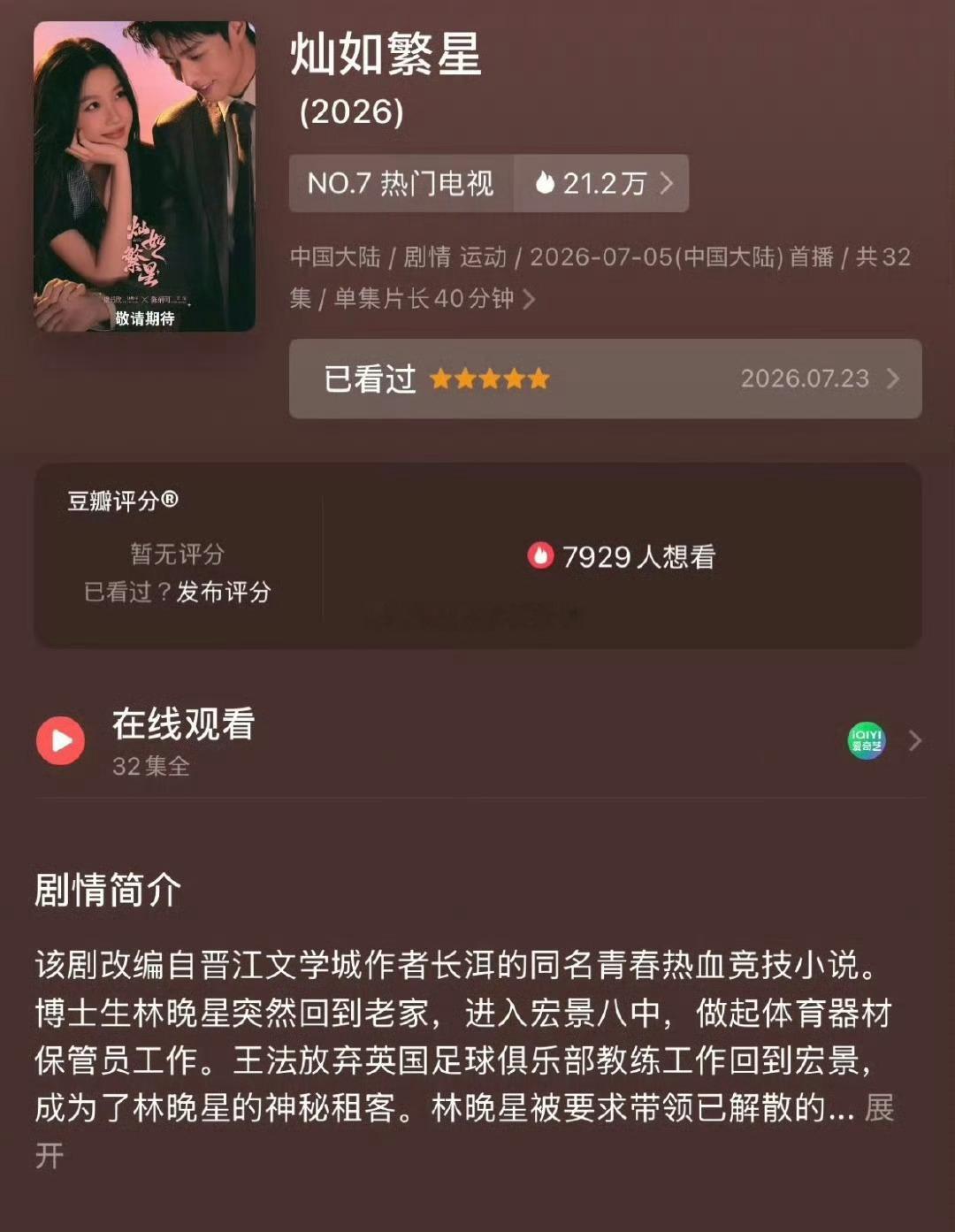 虞书欣灿如繁星豆瓣开分6.8分，高了还是低了 