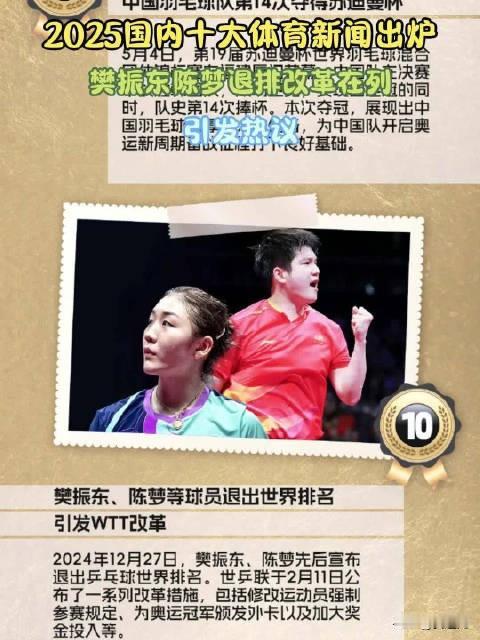 2025国内十大体育新闻出炉！樊振东陈梦退排改革在列，引发热议
2025国内十大