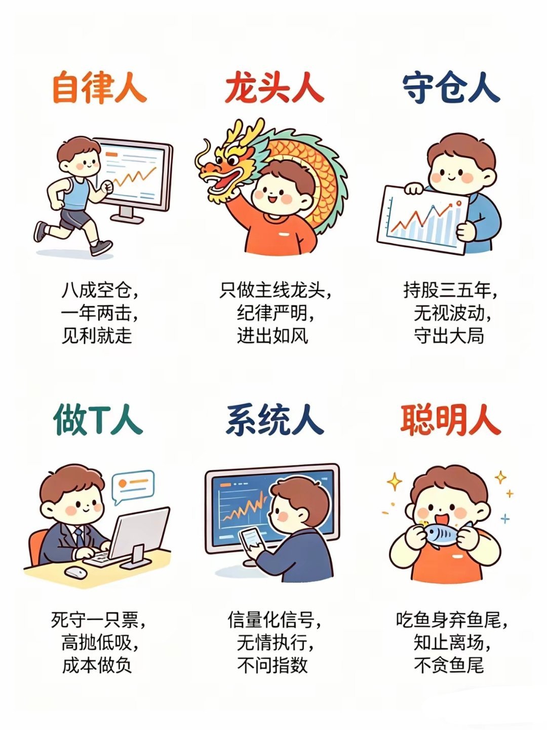 在股市里赚钱的6种人：第1种：自律人，八成空仓，一年两击，见利就走。第2种：龙头