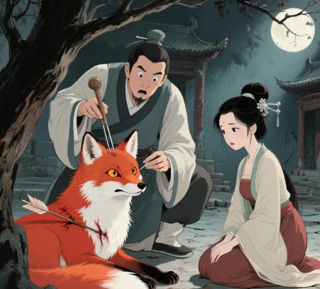 古时，一郎中夜行山路，遇一美貌女子，美女请他为父治病。郎中见病人中了箭伤，便为他
