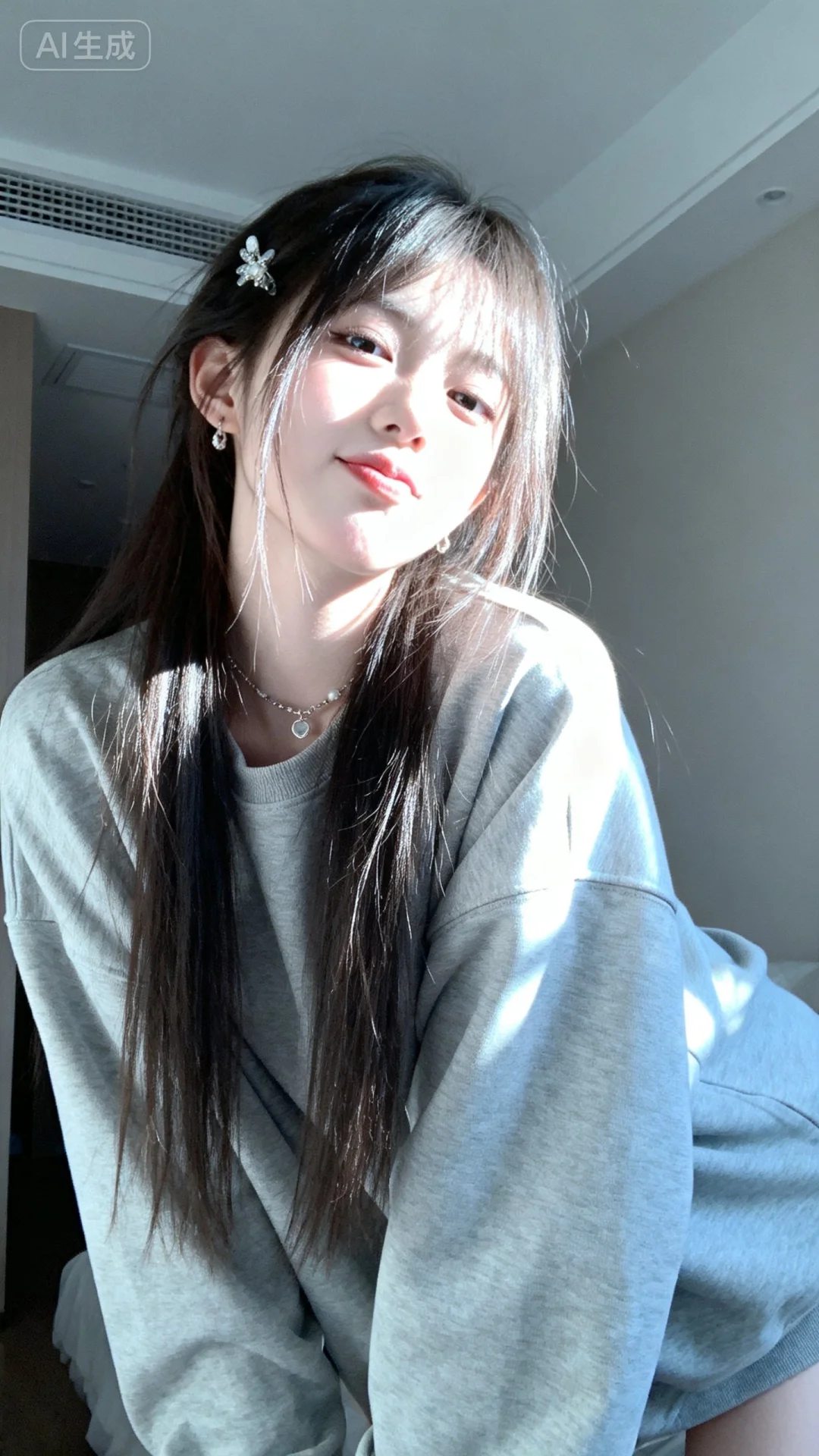 高清监控画面，高清分辨率，发丝垂坠且轻抚泛光，瓷感白肌肤，清纯动人，佩...