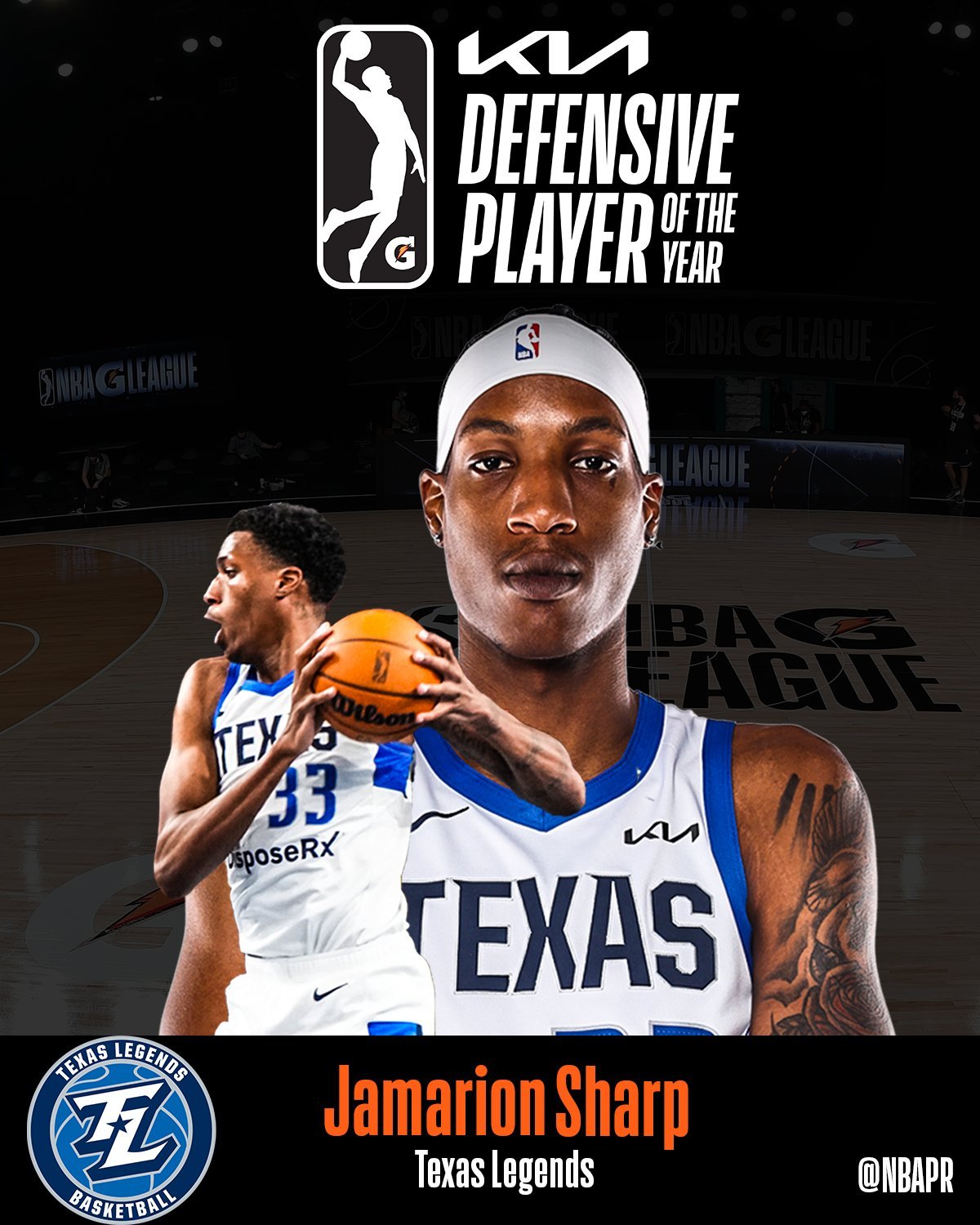 两度代表独行侠征战夏季联赛的 7 尺 6 寸中锋夏普，拿下本赛季发展联盟年度最佳