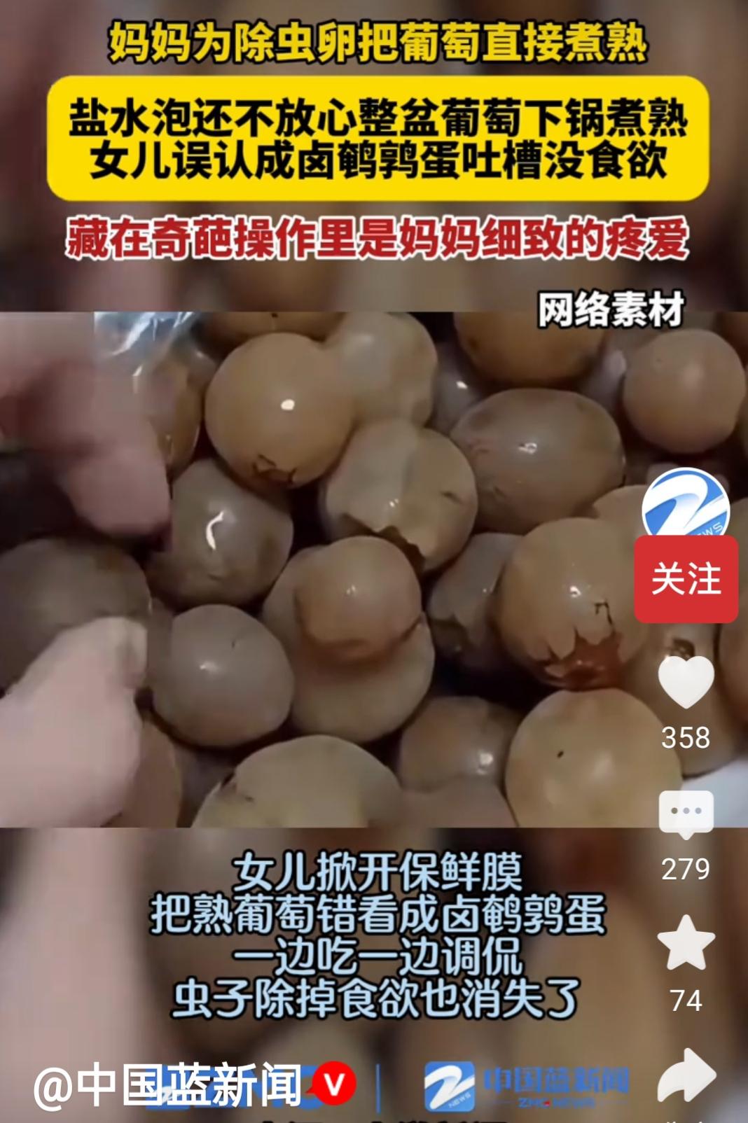 今天看到个视频：妈妈为除虫卵，盐水泡还不放心整盆葡萄下锅煮熟，女儿误认成卤鹌鹑蛋