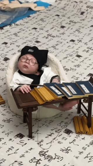 宝妈给宝宝安排了一场“沉浸式”学习体验！先是给宝宝换上一身超有书生气的古装，小家