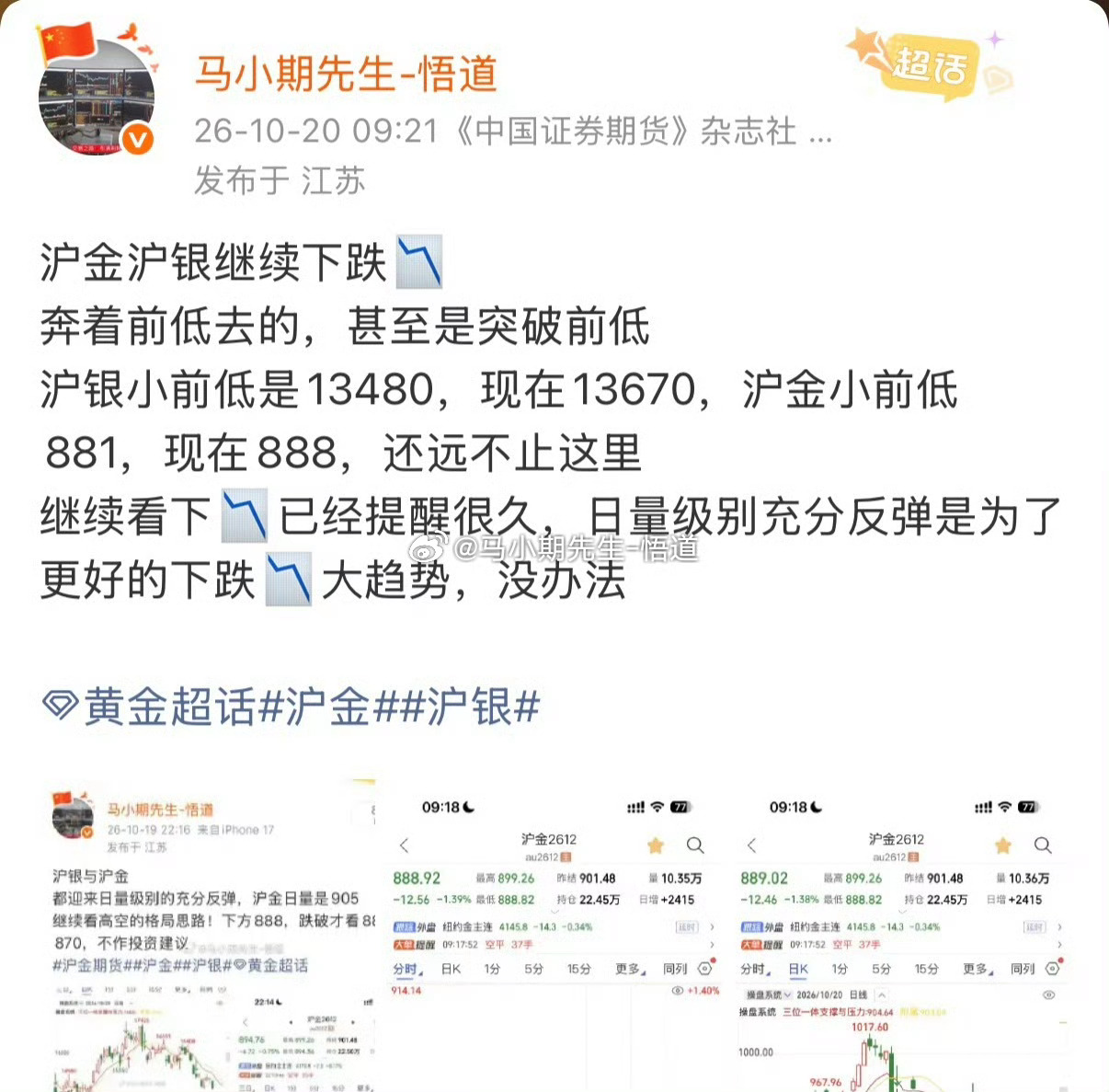 黄金白银继续下跌📉沪金沪银10.19号继续高空思路！见图一与图二沪金看888，