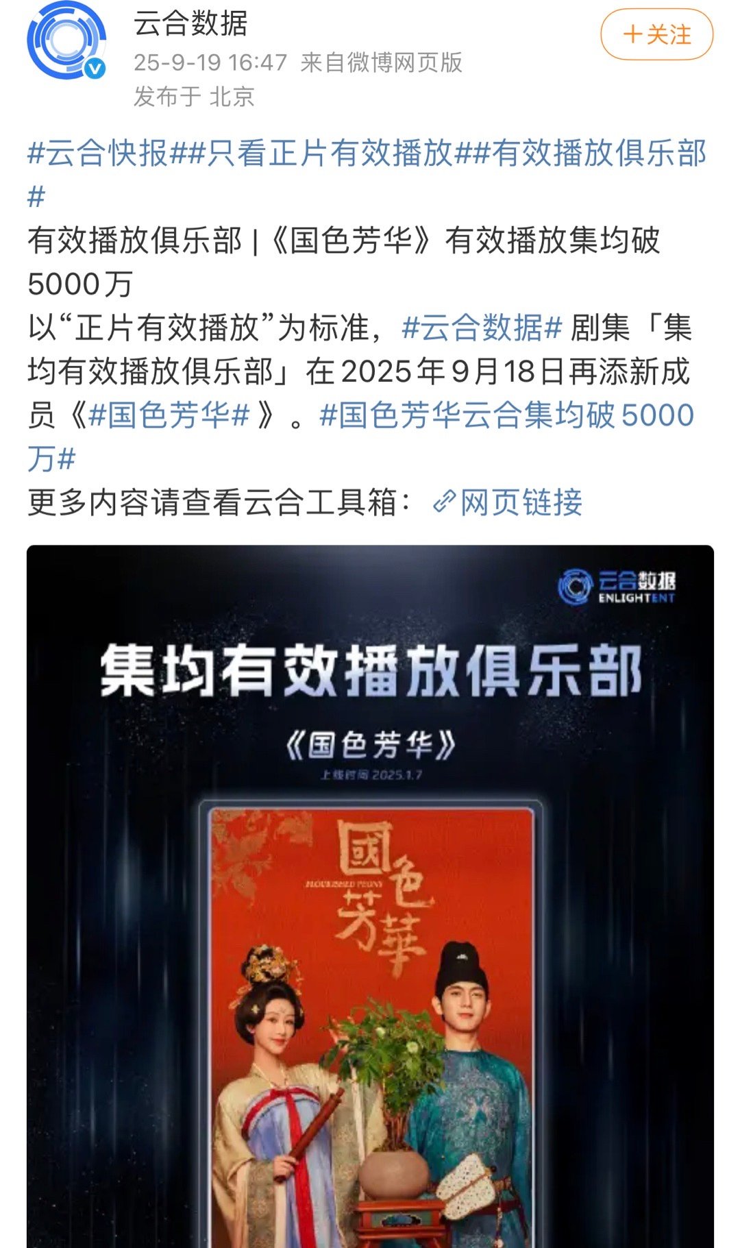 云合认证：国色芳华进入有效播放量集均破5000w俱乐部！杨紫真的厉害。 ​​​