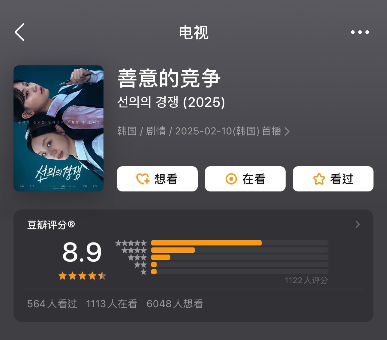 韩剧《善意的竞争》豆瓣开分8.9～ 