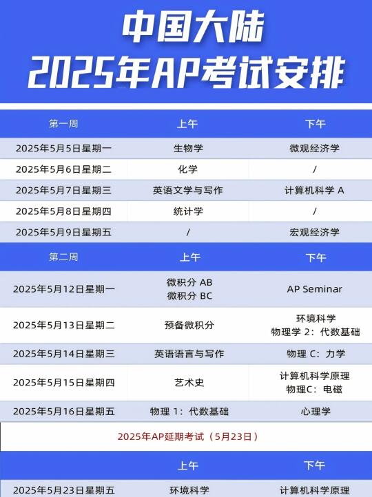 一篇汇总！中国大陆/香港25年AP考试时间！