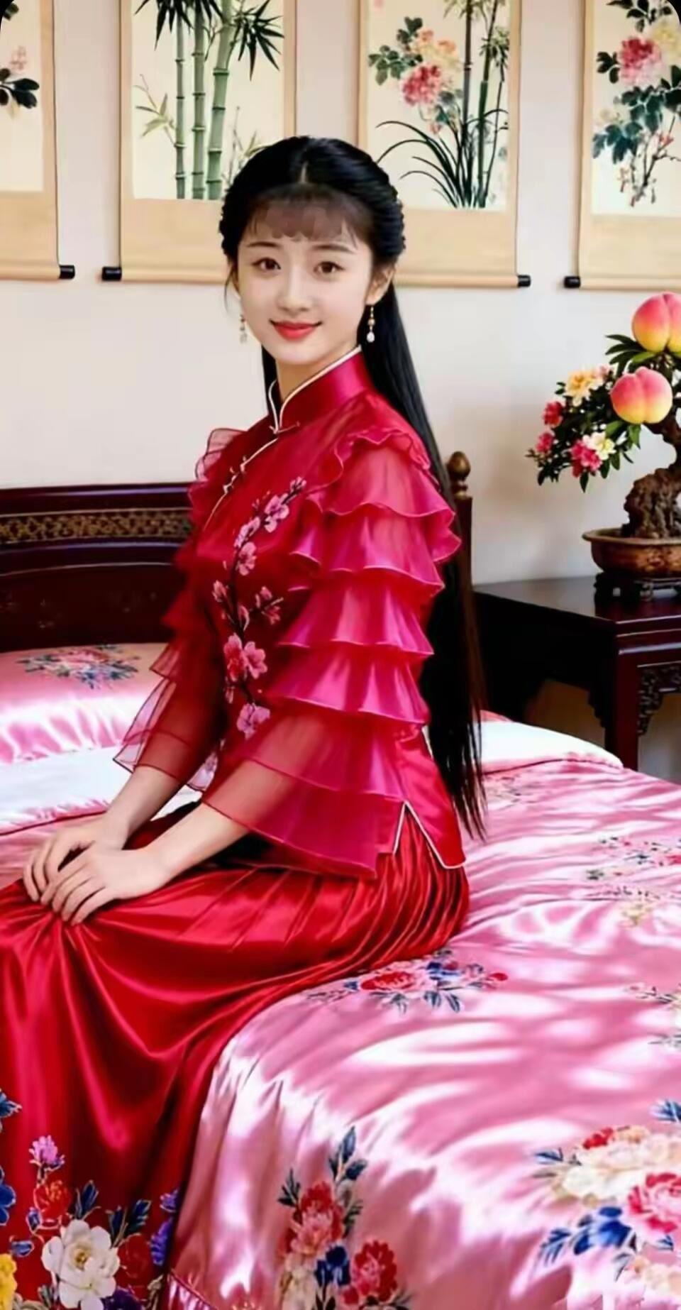 红衣美人坐卧花床，古典韵味扑面而来