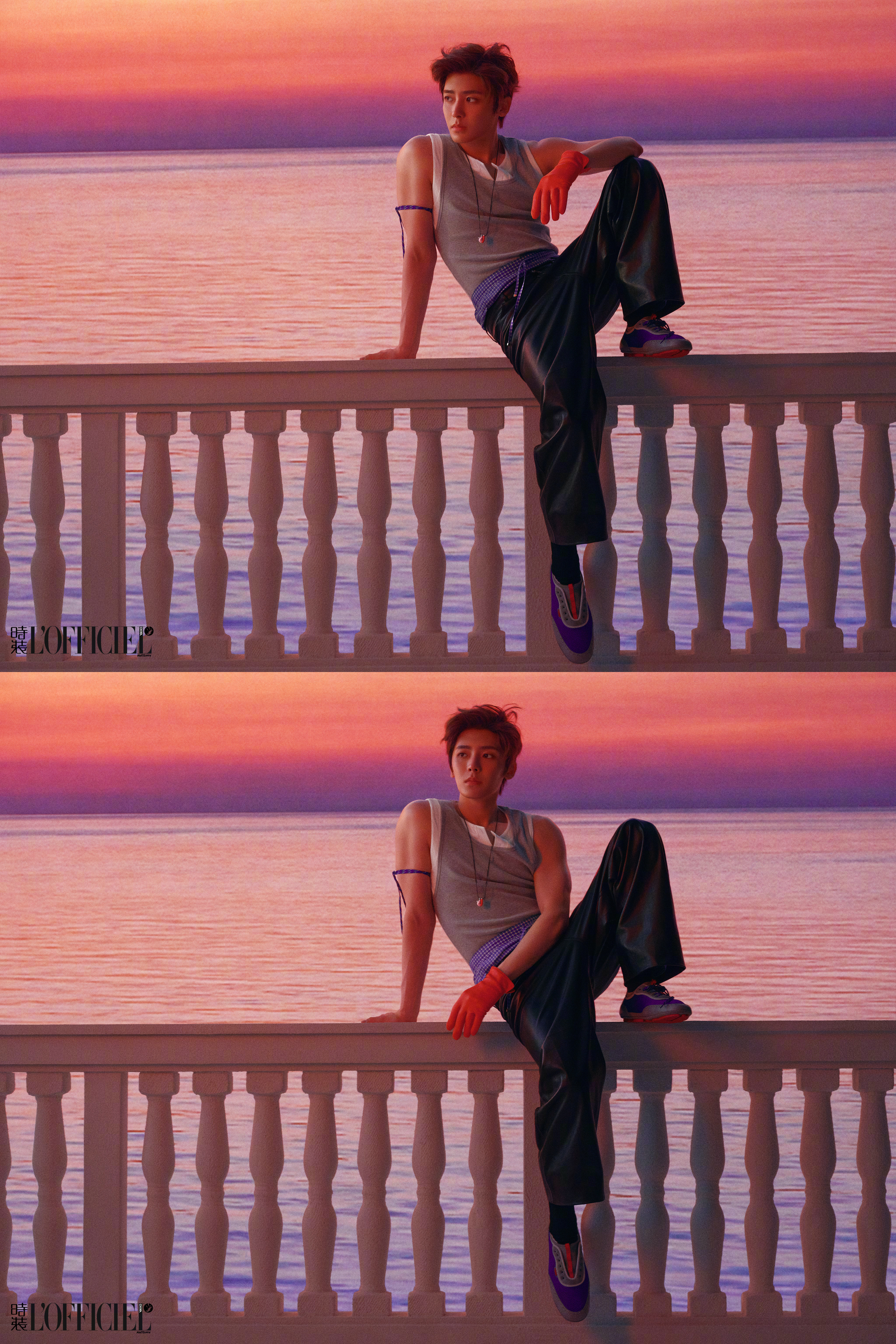 侯明昊时装五月封面  一面是皮衣裹住的冷冽锋芒 ，一面是与霞光同频的松弛少年 ；