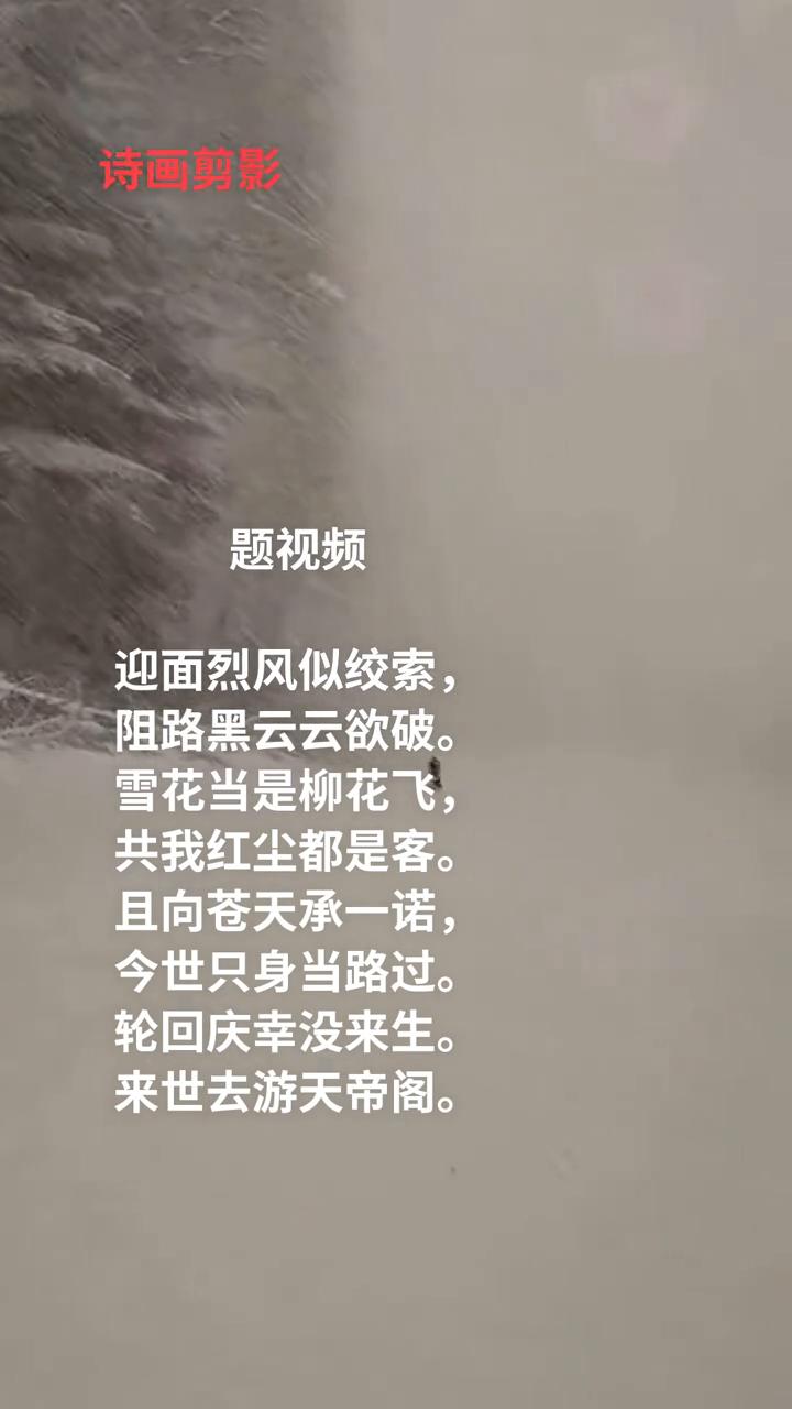 诗画剪影。
迎面烈风似绞索，阻路黑云云欲破。雪花当是柳花飞，共我红尘都是客。且向